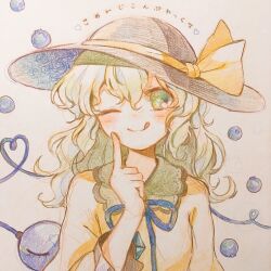  1girl :q ;q black_hat blue_ribbon blueberry collared_shirt commentary_request disembodied_linked_eye finger_to_cheek food fruit hair_between_eyes hat hat_ribbon heart heart-shaped_pupils highres komeiji_koishi long_hair long_sleeves looking_at_viewer neck_ribbon nig_18 one_eye_closed ribbon shirt solo symbol-shaped_pupils tongue tongue_out touhou traditional_media translation_request upper_body yellow_ribbon yellow_shirt 