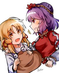  +++ 2girls :d artist_name blonde_hair blush breasts brown_hat chirooo92084 commentary_request cropped_torso doyagao hair_ornament hair_ribbon hand_on_another's_shoulder hat highres holding holding_unworn_clothes holding_unworn_hat layered_sleeves leaf leaf_hair_ornament long_sleeves looking_at_another maple_leaf medium_breasts medium_hair mirror moriya_suwako multiple_girls open_mouth parted_bangs profile purple_hair red_eyes red_shirt ribbon rope shimenawa shirt short_over_long_sleeves short_sleeves simple_background smile smug split_mouth touhou tress_ribbon unworn_hat unworn_headwear upper_body white_background white_shirt yasaka_kanako 