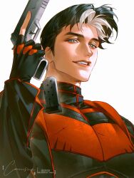  1boy absurdres batman_(series) batman_symbol black_bodysuit black_gloves black_hair blue_eyes bodysuit commentary_request dc_comics gloves highres jacket jason_todd male_focus multicolored_bodysuit muscular muscular_male open_clothes red_hood_(dc) rfnyn17381 short_hair superhero_costume taut_bodysuit taut_clothes two-tone_bodysuit western_comics_(style) 