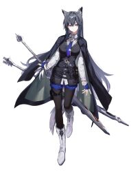  1girl animal_ear_fluff animal_ears arknights black_coat black_hair black_pantyhose black_vest blue_gloves blue_necktie blue_shorts boots breasts brown_eyes closed_mouth coat coat_on_shoulders collared_shirt commentary_request fingerless_gloves fold-over_boots full_body gloves highres holding holding_behind_back holding_sword holding_sword_behind_back holding_weapon holding_weapon_behind_back ip0flv long_hair looking_at_viewer medium_breasts necktie pantyhose shirt shorts simple_background solo standing standing_on_one_leg sword sword_on_back tachi-e tail texas_(arknights) texas_the_omertosa_(arknights) very_long_hair vest weapon weapon_on_back white_background white_boots white_shirt wolf_ears wolf_girl wolf_tail 