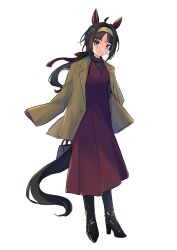  1girl absurdres ahoge animal_ears bag black_boots black_hair black_shirt boots breasts brown_coat brown_eyes brown_hairband brown_headband closed_mouth coat coat_on_shoulders commentary_request dress ear_covers hair_ornament hairband hairclip handbag headband highres horse_ears horse_girl horse_tail logotype_(umamusume) long_hair long_sleeves looking_at_viewer mismatched_ear_covers muchi3333 red_dress shirt smile tail umamusume 