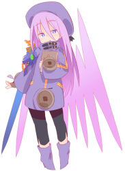  1girl armor ashi_karekusa black_leggings blue_eyes book coat full_body hair_between_eyes hat holding holding_book leggings long_hair looking_at_viewer mechanical_wings parted_lips pauldrons purple_coat purple_hair purple_hat sekaiju_no_meikyuu sekaiju_no_meikyuu_3 shoulder_armor simple_background single_pauldron solo star_(symbol) white_background wings zodiac_(sekaiju) zodiac_2_(sekaiju) 