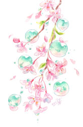  absurdres blush branch check_commentary cherry_blossoms colored_pencil colored_pencil_(medium) commentary_request falling_petals flower ghost highres original outdoors painting_(medium) pencil petals pink_flower pink_petals rain spring_(season) traditional_media tree watercolor_(medium) white_background yukichi_0611 