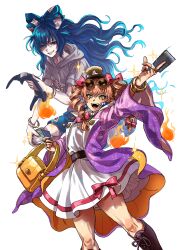  2girls absurdres bag bangle blue_bow blue_eyes blue_hair boots bow bracelet brown_boots brown_hat coat commentary_request credit_card dress drill_hair earrings grey_hoodie grin hair_bow hat hat_bow highres holding holding_bag holding_stuffed_toy hood hoodie jewelry knee_boots kuya_(hey36253625) lace-up_boots long_hair long_sleeves looking_at_viewer multiple_girls multiple_rings open_clothes open_coat open_mouth orange_eyes orange_hair pendant purple_coat ring shaded_face short_sleeves siblings simple_background sisters smile stuffed_animal stuffed_cat stuffed_toy teeth top_hat touhou twin_drills upper_teeth_only very_long_hair white_background white_dress wide_sleeves yorigami_jo'on yorigami_shion 