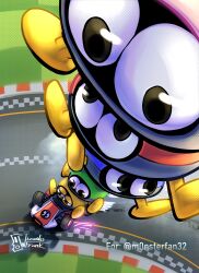  5others absurdres biddybud commentary drifting english_commentary english_text go-kart highres mario_kart multiple_others no_humans signature skid_mark stack standard_kart_(mario) super_mario_bros. twitter_username wizardofrank 