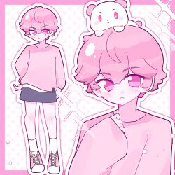  1boy :< animal_on_head bamby_(plave) blue_shorts blush border closed_mouth commentary dated_commentary dot_nose double-parted_bangs full_body hair_between_eyes hand_up highres long_sleeves looking_at_viewer male_focus mouse_(animal) multiple_views on_head outside_border pink_border pink_eyes pink_hair pink_shirt pink_shoes plave polka_dot polka_dot_background shirt shoes short_hair shorts sleeves_past_wrists smile sneakers socks sparkle standing white_socks wo_de_wuzhong_shi_liuxing 