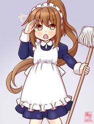  1girl alternate_costume apron artist_logo blue_dress blush brown_eyes brown_hair chestnut_mouth cowboy_shot dated dress enmaided fumizuki_(kancolle) grey_background kanon_(kurogane_knights) kantai_collection logo long_hair long_sleeves looking_at_viewer maid maid_apron maid_headdress mop one-hour_drawing_challenge open_mouth ponytail salute smile solo white_apron 