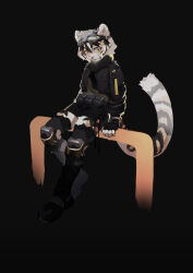  1girl absurdres animal_ears animal_nose arknights belt_pouch black_background black_boots black_gloves black_hair black_jacket black_shorts boots calico_(pattern) chinese_commentary clothing_request commentary_request fingerless_gloves full_body fur-trimmed_jacket fur_trim furry furry_female gloves goggles goggles_on_head grey_shirt hair_between_eyes highres jacket leg_armor long_sleeves looking_at_viewer multicolored_hair orange_eyes orange_hair pouch scissorzz shirt short_hair shorts simple_background sitting solo striped_fur tail tiger_ears tiger_girl tiger_tail tongue tongue_out waai_fu_(arknights) white_hair 