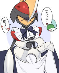  2others anger_vein angry annoyed apron arm_blade bisharp blue_bow blue_dress bow chibi chibi_inset closed_eyes clothed_pokemon clothes_lift collar colored_skin commentary detached_collar dress enmaided fake_horns frilled_collar frills gallade green_hair grey_skin heart helmet highres holding_own_dress horned_helmet horns maid mohawk multiple_others pokemon pokemon_(creature) pokemon_focus red_trim ringringbell2001 shoulder_pads skirt skirt_lift speech_bubble spoken_anger_vein spoken_heart two-tone_helmet weapon white_apron white_background white_collar 
