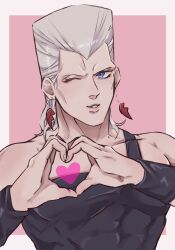  1boy black_shirt blue_eyes commentary_request earrings heart heart_earrings heart_hands highres jean_pierre_polnareff jewelry jojo_no_kimyou_na_bouken looking_at_viewer male_focus one_eye_closed piercing shirt simple_background solo stardust_crusaders tall_hair teeth tight_clothes user_nveg8485 white_hair 