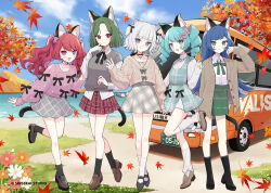  5girls :d :o animal_ear_fluff animal_ears autumn autumn_leaves bare_legs black_boots black_choker black_ribbon black_shoes black_socks blue_dress blue_eyes blue_hair blunt_bangs blush boots bow brown_cardigan brown_shoes brown_sweater bus cardigan cat_ears cat_girl cat_tail chino_(valis) choker collared_shirt commentary_request cosmos_(flower) dress drill_hair facial_mark flipped_hair flower front_slit green_eyes green_hair green_ribbon green_skirt grey_bow grey_eyes grey_hair grey_socks grey_sweater_vest grid_print hair_bow hair_ornament hair_ribbon hairclip hazuki_natsu high-waist_skirt high_collar jewelry kamitsubaki_studio knee_boots knit_sweater layered_dress leaf loafers long_hair looking_at_another looking_at_viewer maple_leaf motor_vehicle multiple_girls multiple_hair_bows myu_(valis) neck_ribbon necklace neffy_(valis) nina_(valis) official_alternate_costume official_art open_cardigan open_clothes orange_flower outdoors pearl_necklace pencil_skirt pinafore_dress pink_bow pink_sweater plaid_clothes plaid_dress plaid_skirt pleated_skirt polka_dot polka_dot_sweater rara_(valis) red_eyes red_flower red_hair red_skirt ribbon shirt shirt_tucked_in shoes short_hair side_part sidelocks sinsekai_record skirt sleeveless sleeveless_dress smile socks standing standing_on_one_leg star_(symbol) star_facial_mark sweater sweater_vest tail turtleneck turtleneck_shirt turtleneck_sweater twin_drills twintails two_side_up valis_(sinsekai) vitte_(valis) white_flower white_shirt white_socks white_sweater 