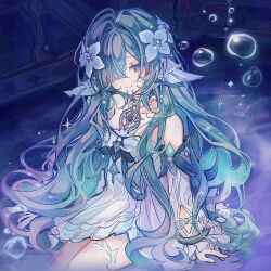  1girl aqua_hair bare_shoulders blue_eyes blue_flower blush body_markings breasts choker closed_mouth collarbone commentary detached_sleeves dress eyelashes feet_out_of_frame fins flower frilled_choker frills genshin_impact gradient_hair green_hair grey_choker hair_flower hair_ornament hair_over_one_eye head_fins highres indoors jewelry long_hair long_sleeves looking_at_viewer medium_breasts multicolored_hair necklace on_floor pearl_hair_ornament puffy_detached_sleeves puffy_long_sleeves puffy_sleeves ri_pi_o sidelocks sitting sleeveless sleeveless_dress smile solo thigh_strap two_side_up underwater very_long_hair vodyanitsa_(genshin_impact) water_drop wavy_hair white_dress white_sleeves 