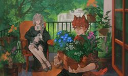  1boy 1girl alex_(degrees_of_lewdity) alex_(male)_(degrees_of_lewdity) animal_ears animal_on_lap bare_legs black_dress black_shoes brown_hair calla_lily carpet cat chair colorpoint_(pattern) crossed_bangs daisy_(flower) day degrees_of_lewdity dog_boy dog_ears dog_tail double-parted_bangs dress expressionless fence fingernails flower flower_pot freckles gem green_eyes green_gem grey_eyes hice_hideice highres holding holding_flower_pot iron_fence jewelry kemonomimi_mode legs_together long_hair long_sleeves looking_at_another necklace nervous on_chair on_lap outdoors pearl_necklace plant player_character_(degrees_of_lewdity) player_character_(female)_(degrees_of_lewdity) potted_plant round_table shoes short_hair sitting square_neckline strappy_heels table tail tree veranda 