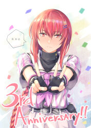  ... 1girl anniversary baseball_uniform belt black_belt black_gloves blush braid braided_ponytail cinderella_series closed_mouth commentary_request confetti embarrassed enuno_(nuno0099) fanny_pack finger_counting fingerless_gloves gloves hachigatsu_no_cinderella_nine hair_between_eyes hair_ornament hairclip highres kurashiki_maiko long_hair looking_at_viewer neckerchief pink_neckerchief reaching reaching_towards_viewer red_eyes red_hair sailor_collar satogahama_baseball_uniform shirt shirt_under_shirt skirt solo spoken_ellipsis sportswear striped_clothes striped_shirt translation_request vertical-striped_clothes vertical-striped_shirt very_long_hair white_sailor_collar white_skirt 