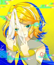  1girl absurdres aqua_eyes blonde_hair blue_screen_of_death bow breasts commentary_request depressed detached_sleeves glitch grey_sailor_collar grey_sleeves hair_ornament hairclip headphones highres holding holding_bow_(ornament) kagamine_rin korean_commentary looking_at_viewer neckerchief number_tattoo open_mouth parallel_hairclips sad sailor_collar sheepfur717 shirt short_hair sleeveless sleeveless_shirt small_breasts tattoo tears transparent_bow treble_clef upper_body vocaloid white_bow white_shirt yellow_background yellow_neckerchief yellow_trim 