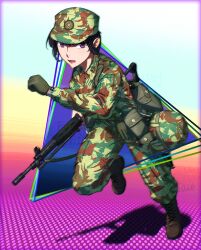  1girl assault_rifle black_hair boots camouflage camouflage_jacket camouflage_pants commentary_request edward_y_brad full_body gloves green_gloves gun hat highres holding holding_gun holding_weapon holster howa_type_89 jacket japan_ground_self-defense_force japan_self-defense_force long_hair long_sleeves looking_at_viewer military military_combat_uniform military_hat military_uniform original pants pouch rifle running solo tactical_clothes violet_eyes weapon 