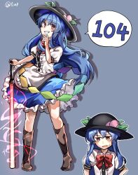 1girl artist_name black_hat blue_hair blush boots bow bowtie brown_boots buttons center_frills chirooo92084 commentary dot_nose drop_shadow food frilled_skirt frills fruit glowing glowing_sword glowing_weapon grey_background grin hand_on_own_chin hand_up hat hat_ornament heel_up highres hinanawi_tenshi holding holding_sword holding_weapon jitome leaf_hat_ornament long_hair long_sidelocks looking_to_the_side multiple_views open_mouth peach peach_hat_ornament pigeon-toed puffy_short_sleeves puffy_sleeves rainbow_gradient rainbow_order red_bow red_bowtie red_eyes shirt short_sleeves sidelocks simple_background skirt smile solo speech_bubble standing stroking_own_chin sword sword_of_hisou tenshi_day touhou twitter_username very_long_hair weapon weapon_on_back white_shirt 