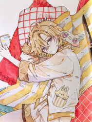  1boy aged_down arm_behind_head aventurine_(boys'_dormitory)_(honkai:_star_rail) aventurine_(honkai:_star_rail) blonde_hair blue_eyes cellphone closed_mouth commentary_request cowboy_shot from_above highres honkai:_star_rail honkai_(series) lailai0178223 long_sleeves looking_at_viewer lying male_focus mask multicolored_eyes official_alternate_costume on_side painting_(medium) pajamas phone pink_eyes short_hair sleep_mask smartphone solo traditional_media twitter_username two-tone_eyes unworn_mask watercolor_(medium) yellow_pajamas 