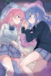  2girls absurdres ahoge blue_bow blue_bowtie blue_eyes blue_hair blue_jacket blue_skirt blush bow bowtie breasts closed_mouth collared_shirt commentary_request crossed_bangs eye_contact face-to-face feet_out_of_frame green_eyes hair_between_eyes hair_ornament hands_up head_on_pillow highres hololive hoshimachi_suisei jacket long_hair long_sleeves looking_at_another lying medium_breasts miniskirt multiple_girls nabisuko25 on_bed on_side one_side_up open_collar parted_bangs pillow pink_hair pleated_skirt sakura_miko shirt skirt spotlight star_(symbol) virtual_youtuber white_shirt x_hair_ornament yuri 
