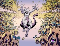 army closed_mouth colored_sclera colored_skin floating full_body highres invincible_(series) ketrindarkdragon leaf looking_at_viewer mewtwo muscular no_humans open_mouth parody plant pokemon pokemon_(creature) purple_skin scene_reference sunkern tail teeth violet_eyes 