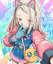  1girl alternate_hair_color animal_ear_hairband animal_ears badge bag belt blonde_hair blue_belt blue_dress blue_gloves button_badge colored_eyelashes colorful_background commentary_request cowboy_shot dress emoji fake_animal_ears flipped_hair gakuen_idolmaster glint gloves gradient_hair hairband hiraji idolmaster long_hair long_sleeves looking_at_viewer miracle_na_now!_(idolmaster) multicolored_hair open_mouth orange_eyes pink_dress pink_hair pleading_face_emoji reaching reaching_towards_viewer shinosawa_hiro shoulder_bag solo standing two-tone_dress two-tone_hair v v_over_mouth 