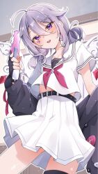  1girl :d ahoge airenif belt black_belt black_cardigan black_gloves cardigan cardigan_partially_removed commentary english_commentary fingerless_gloves gloves gun hair_between_eyes hair_flaps hair_rings heart heart_in_eye high-waist_skirt highres holding holding_gun holding_weapon hololive hololive_english jewel_under_eye koseki_bijou_(serafuku) long_hair_between_eyes looking_at_viewer medium_hair metal_wings miniskirt neckerchief official_alternate_costume official_alternate_hairstyle open_mouth pleated_skirt purple_hair purple_neckerchief sailor_collar school_uniform serafuku shirt short_sleeves skirt smile solo symbol_in_eye teeth upper_teeth_only violet_eyes virtual_youtuber weapon white_sailor_collar white_serafuku white_shirt white_skirt 