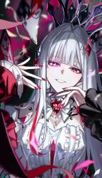  +_+ 1girl absurdres aha_(honkai:_star_rail) black_sleeves brooch crescent crown diamond_hair_ornament dress hair_intakes hair_ornament heart heart_brooch highres honkai:_star_rail honkai_(series) jewelry long_hair long_sleeves mg_omom necklace nihilux_(honkai:_star_rail) parted_lips pink_eyes red_nails red_sleeves smile solo symbol-shaped_pupils twitter_username upper_body white_dress white_hair 