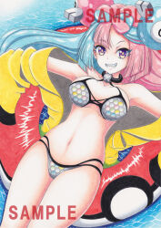  1girl bikini blue_hair bow-shaped_hair character_hair_ornament commentary_request criss-cross_halter fake_hair_bun grey_bikini hair_ornament halter_shirt halterneck hexagon_print highres iono_(pokemon) jacket long_hair mpon multicolored_hair open_clothes open_jacket oversized_clothes pink_hair pokemon pokemon_scarlet_and_violet sharp_teeth smile solo split-color_hair swimsuit teeth yellow_jacket 