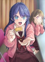  2girls absurdres bloom_garden_party_jacket blue_eyes blue_hair blush brown_dress brown_hair chopsticks commentary dress feeding_viewer food hasu_no_sora_school_uniform highres holding holding_chopsticks holding_with_chopsticks hood hood_down hooded_jacket jacket kachimachi_kosuzu long_hair long_sleeves love_live! love_live!_hasu_no_sora_jogakuin_school_idol_club love_live!_hasu_no_sora_jogakuin_school_idol_club_bloom_garden_party multiple_girls murano_sayaka neckerchief omelet ootato open_clothes open_jacket pink_eyes pink_jacket pleated_dress red_neckerchief sailor_collar sailor_dress school_uniform tamagoyaki teeth upper_teeth_only virtual_youtuber white_sailor_collar winter_uniform 