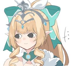  1girl blonde_hair blush closed_mouth commentary_request genshin_impact long_hair no_pupils pointy_ears portrait simple_background smile solo vesna_(genshin_impact) white_background yashikikoi 