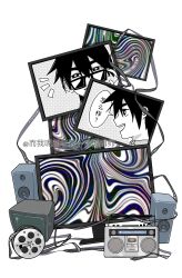  1boy 69b81bfa absurdres artist_name black_eyes black_hair bright_pupils chinese_commentary chinese_zodiac commentary_request false_memory film_strip glasses highres male_focus protagonist_halo radio simple_background television translation_request white_background white_pupils 