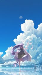  1girl a0s0l absurdres barefoot bird black_dress blue_sky clouds collared_dress commentary cumulonimbus_cloud day dove dress english_commentary facing_viewer full_body gradient_hair highres holding_own_dress hololive hololive_english long_hair long_sleeves moon multicolored_hair ninomae_ina'nis orange_hair outdoors pointy_ears ponytail puffy_long_sleeves puffy_sleeves purple_hair reflection reflective_liquid sidelocks sky solo standing standing_on_one_leg tentacle_hair tiptoes very_long_hair virtual_youtuber water white_dress 