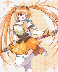  1girl :d ahoge armor belt ben-day_dots bo_staff brown_belt brown_gloves brown_hair commentary_request cropped_jacket double-parted_bangs eiyuu_densetsu estelle_bright gloves hair_between_eyes hair_intakes hatopippi45 highres holding holding_behind_back holding_staff holding_weapon holding_weapon_behind_back jacket leather leather_belt leather_gloves leg_up long_hair miniskirt open_clothes open_jacket open_mouth orange_shoes orange_skirt over-kneehighs pauldrons red_eyes screentones shoes short_sleeves shoulder_armor single_pauldron skirt smile sneakers socks solo sora_no_kiseki staff standing standing_on_one_leg thigh-highs twintails two-tone_background underbust upper_body very_long_hair weapon white_socks 