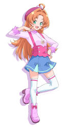  1girl :d ahoge akechi_anna beret blue_bow blue_skirt bow breasts commentary_request footwear_bow full_body green_eyes hair_intakes hand_on_own_hip hat highres jewelry kazuma_muramasa long_hair meitantei_precure! necklace orange_hair parted_bangs pink_bow pink_shirt pink_shoes pleated_skirt precure purple_hat shirt shoes skirt skirt_bow small_breasts smile solo standing standing_on_one_leg thigh-highs v very_long_hair white_thighhighs zettai_ryouiki 