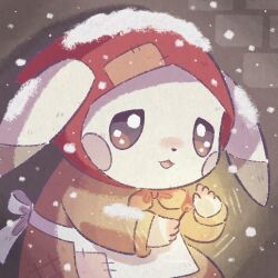  :3 apron bright_pupils brown_dress brown_eyes ci_spl clothed_pokemon cold commentary dress ears_down fire headscarf holding holding_matchstick long_sleeves lowres matchstick night no_humans open_mouth outdoors patchwork_clothes peakychu pikachu pokemon pokemon_(creature) pokemon_focus pokemon_pokopia red_headscarf snow snow_on_head snowing solo untranslatable_commentary waist_apron white_apron white_pupils 