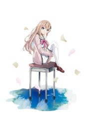  1girl 9-nine- absurdres arubireon blue_eyes bow breasts brown_hair brown_shoes cardigan chest_bow closed_mouth commentary desk dress falling_leaves floating_hair full_body gear_hair_ornament hair_between_eyes hair_ornament hakusen_academy_school_uniform highres hugging_own_legs interlocked_fingers knees_up kujou_miyako large_breasts leaf loafers long_hair looking_at_viewer on_desk open_cardigan open_clothes own_hands_together pink_bow pink_cardigan pleated_dress reflection ripples school_desk school_uniform shoes short_dress sidelocks simple_background sitting sleeves_past_wrists smile solo split_mouth thigh-highs very_long_hair water white_background white_dress white_thighhighs wing_hair_ornament 