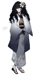  1boy absurdres black_gloves black_hair black_haori black_sash black_veil blunt_bangs boketsu_ni_osamaru call_of_cthulhu closed_mouth commentary_request crossdressing crossdressing_(mtf) earrings floral_print floral_print_kimono flower full_body gloves gradient_clothes gradient_haori grey_kimono hair_flower hair_ornament hand_up haori highres japanese_clothes jewelry kimono lace-trimmed_kimono lace_trim light_smile lily_(flower) long_hair long_sleeves looking_at_viewer male_focus mugimeshi_(midorimugi008) obi obiage pearl_earrings print_kimono ring sandals sash simple_background socks solo standing tabi trap utsukushi_tsuma_(midorimugi008) veil violet_eyes wedding_ring white_background white_flower white_haori white_kimono white_lily white_socks zouri 