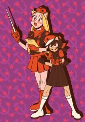  2girls :d alunya animal_ears bandana black_bandana black_overalls black_shirt black_skirt blush boots breast_pocket breasts cat_ears cat_girl cat_tail clenched_hands clothing_request communism confident flat_cap full_body hardkoba hat height_difference high-waist_skirt highres holding holding_notebook holding_stick knee_boots leftypol looking_at_viewer miniskirt multiple_girls notebook open_mouth overall_skirt overalls pocket red_bandana red_boots red_overalls red_shirt red_skirt red_socks red_star rodina_(picg) shirt shirt_tucked_in skirt small_breasts smile smirk socks star_(symbol) stick tail tongue white_boots white_socks 