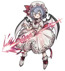  1girl absurdres back_bow bat_wings blue_hair bow brooch collared_shirt commentary_request fingernails frilled_shirt_collar frilled_wrist_cuffs frills full_body hat hat_ribbon highres holding holding_polearm holding_weapon jewelry long_fingernails looking_at_viewer mob_cap open_mouth piaki pink_hat pink_shirt pink_skirt pointy_ears polearm puffy_short_sleeves puffy_sleeves red_bow red_eyes red_nails red_wrist_cuffs remilia_scarlet ribbon sharp_fingernails shirt short_hair short_sleeves simple_background skirt skirt_set smile solo spear spear_the_gungnir touhou transparent_background weapon wings wrist_cuffs 