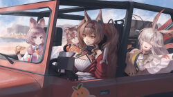  4girls absurdres angelina_(arknights) angelina_the_mellow_wish_(arknights) animal_ear_fluff animal_ears arknights bare_shoulders black_collar black_gloves bow bright_pupils brown_hair brown_shirt car_interior closed_eyes collar colored_eyelashes commentary_request criss-cross_halter detached_sleeves dress driving ear_bow eating food fox_ears fox_girl gloves grey_eyes grin hairband halterneck highres holding holding_food holding_pizza infection_monitor_(arknights) jacinta_(arknights) jacket long_hair medium_hair multicolored_hairband multiple_girls offering_food open_mouth orange_eyes orange_gloves paina_(xc428) parted_bangs pepperoni pepperoni_pizza pink_eyes pink_hair pink_shirt pizza rabbit_ears rabbit_girl raccoon_ears raccoon_girl red_hairband shirt short_eyebrows smile star-shaped_pupils star_(symbol) symbol-shaped_pupils teeth thumpy_(arknights) timeslot_(arknights) twintails two-tone_hairband upper_teeth_only very_long_hair white_collar white_dress white_hair white_jacket white_pupils 