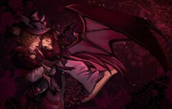  2girls arm_behind_head barefoot bat_wings berriimaruu black_gloves black_hair black_hat black_wings blue_eyes brown_hair closed_mouth columbina_(big_bad_vampire)_(genshin_impact) columbina_(genshin_impact) dark_background dress genshin_impact gloves hand_on_another's_chest hand_on_another's_head hat head_wings highres jumping leaning_on_person long_hair multicolored_hair multiple_girls multiple_wings official_alternate_costume open_mouth purple_hair purple_wings sandrone_(genshin_impact) sandrone_(vampire_hunter)_(genshin_impact) short_hair_with_long_locks silk spider_web streaked_hair two-tone_hair vampire white_dress wings wrist_bow 