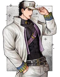  1boy absurdres belt belt_buckle black_belt black_hair black_shirt blue_eyes buckle coat collared_coat diamond_wa_kudakenai earrings hand_in_pocket hat highres jewelry jojo_no_kimyou_na_bouken kujo_jotaro long_coat long_sleeves male_focus mechimun_jojo multiple_belts pants peaked_cap piercing purple_belt shirt short_hair shoulder_belt solo stud_earrings tight_clothes tight_shirt turtleneck turtleneck_shirt white_background white_coat white_hat white_pants 