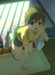  1boy :d aged_down all_fours bag blue_sandals blush brown_hair free! from_above full_body genkan green_eyes green_shorts hair_between_eyes happy holding_strap indoors male_focus mo_(nmnme) on_floor open_mouth sandals shirt shoes short_hair short_sleeves shorts shoulder_bag slides smile solo t-shirt tachibana_makoto unworn_shoes white_bag yellow_shirt 