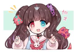  +_- 1girl aqua_nails black_hair butter_run commentary_request hair_ornament heterochromia highres long_hair looking_at_viewer magical_girl mahou_shoujo_ikusei_keikaku mahou_shoujo_ikusei_keikaku_aces nakano_sorami open_mouth paw_hair_ornament red_nails sailor_collar school_uniform smile twintails 