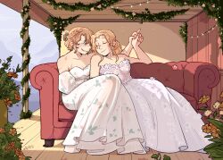  2girls bare_shoulders blonde_hair blue_eyes braid breasts bride closed_eyes commentary couch dress english_commentary flower hair_flower hair_ornament hanging_light highres hololive hololive_english indoors long_hair looking_at_another maskofgabriel multiple_girls on_couch scar selfcest short_hair smile strapless virtual_youtuber watson_amelia wedding_dress wooden_floor yuri 