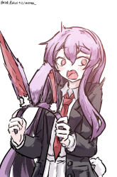  1girl absurdres animal_ear_hairband animal_ears artist_name black_jacket blazer blush collared_shirt commentary_request dated fake_animal_ears fake_tail hair_between_eyes hairband highres holding_hairband jacket long_sleeves looking_at_viewer necktie one-hour_drawing_challenge open_mouth purple_hair purple_hairband rabbit_ear_hairband rabbit_ears rabbit_tail red_eyes red_necktie reisen_udongein_inaba shirt simple_background skirt solo tail touhou ve1024 white_background white_shirt white_skirt 