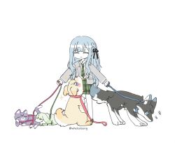  1girl animalization ave_mujica_(bang_dream!) bang_dream! bang_dream!_it's_mygo!!!!! black_ribbon blue_hair cat cherry_blossoms diagonal-striped_clothes diagonal-striped_necktie dog green_necktie green_skirt hair_ribbon holding holding_leash leash long_hair long_sleeves misumi_uika necktie rabbit ribbon shirt sidelocks simple_background skirt striped_clothes striped_necktie togawa_sakiko wakaba_mutsumi wheloo3rd white_background white_shirt yahata_umiri yuutenji_nyamu 