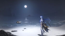  2boys aedon_(genshin_impact) barefoot beach bird blue_hair boots chromatic_aberration coat commentary flins_(genshin_impact) floating_hair fog full_body full_moon genshin_impact glowing glowing_animal grey_hair highres holding holding_coat holding_unworn_clothes illuga_(genshin_impact) long_hair long_sleeves looking_afar looking_up lying male_focus moon mountain mountainous_horizon multiple_boys night ocean on_back pants personification scar scar_on_shoulder scenery shirt short_hair sky sleeveless sleeveless_shirt someaka standing unworn_clothes unworn_coat very_long_hair water wind 