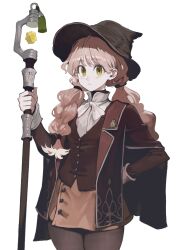  1girl arm_behind_back black_pantyhose blush bow bowtie braid brown_coat brown_hair brown_hat brown_skirt brown_vest buttons closed_mouth coat collared_shirt commentary_request cowboy_shot crystal eyelashes fantasy flat_chest hair_over_shoulder hair_tie hand_up hat highres holding holding_staff jun_(navigavi) long_hair long_sleeves looking_at_viewer low-tied_long_hair mage_staff nose original pantyhose shirt simple_background skirt solo staff twin_braids twintails vest white_background white_bow white_bowtie white_shirt witch_hat yellow_eyes 