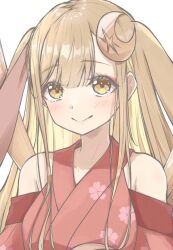  1girl absurdres animal_ears armpit_crease bare_shoulders blonde_hair brown_hair cho_kaguya-hime! closed_mouth collarbone colored_inner_hair commentary crescent crescent_hair_ornament floppy_ears hair_ornament highres japanese_clothes kaguya_(cho_kaguya-hime!) kaguya_(tsukuyomi)_(cho_kaguya-hime!) kimono long_sidelocks looking_at_viewer lop_rabbit_ears multicolored_hair rabbit_ears red_kimono sidelocks simple_background smile solo upper_body white_background yellow_eyes zacuro 
